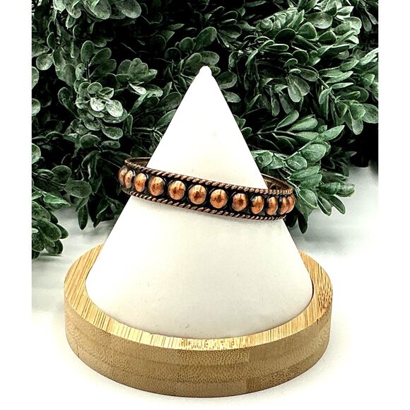 Vintage-Style Copper Cuff Bracelet With Embossed Dot Pattern & Oxidized Detailin - Picture 2 of 4